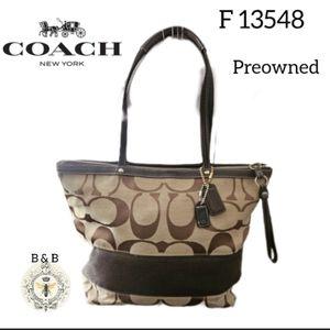 COACH F13548 AUTHENTIC SHOULDER BAG TAN, BROWN SIGNATURE CANVAS PREOWNED